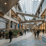 Pasillo moderno e iluminado de RÉSO, la inmensa ciudad subterránea de Montreal con peatones y zonas comerciales.