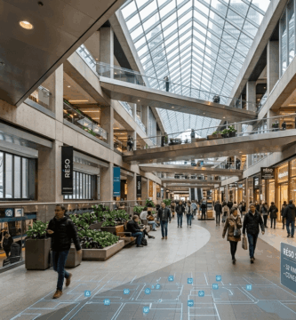 Pasillo moderno e iluminado de RÉSO, la inmensa ciudad subterránea de Montreal con peatones y zonas comerciales.