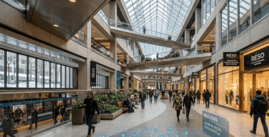 Pasillo moderno e iluminado de RÉSO, la inmensa ciudad subterránea de Montreal con peatones y zonas comerciales.