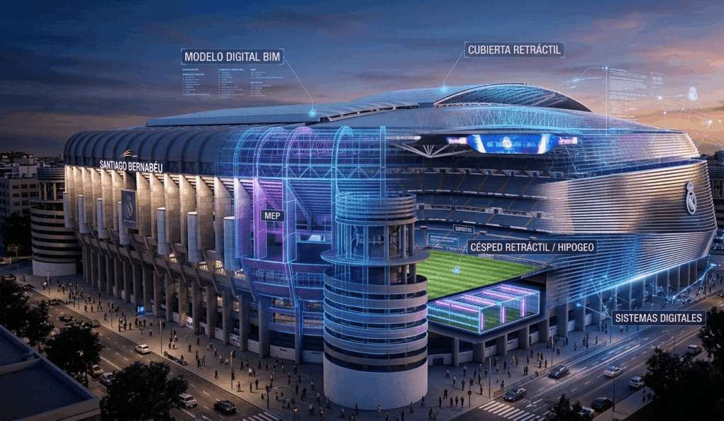 Vista interior de la remodelación tecnológica del estadio Santiago Bernabéu con el videomarcador 360 y la cubierta retráctil