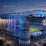 Vista interior de la remodelación tecnológica del estadio Santiago Bernabéu con el videomarcador 360 y la cubierta retráctil