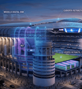 Vista interior de la remodelación tecnológica del estadio Santiago Bernabéu con el videomarcador 360 y la cubierta retráctil