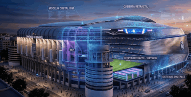 Vista interior de la remodelación tecnológica del estadio Santiago Bernabéu con el videomarcador 360 y la cubierta retráctil