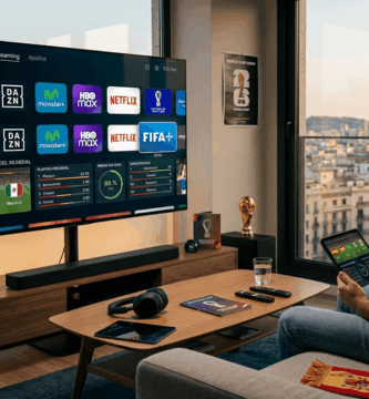 Setup tecnológico en casa para ver el Mundial 2026 con plataformas de streaming, segunda pantalla y barra de sonido envolvente