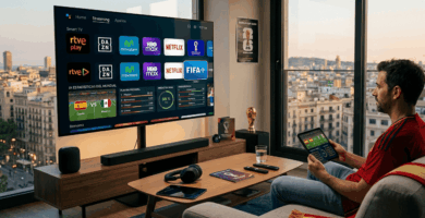 Setup tecnológico en casa para ver el Mundial 2026 con plataformas de streaming, segunda pantalla y barra de sonido envolvente