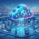 Representación holográfica de las tecnologías Cloud Computing, ciberseguridad, IoT y metodología BIM en una ciudad inteligente.