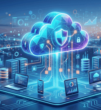 Representación holográfica de las tecnologías Cloud Computing, ciberseguridad, IoT y metodología BIM en una ciudad inteligente.