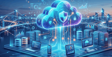Representación holográfica de las tecnologías Cloud Computing, ciberseguridad, IoT y metodología BIM en una ciudad inteligente.