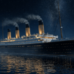 Recreación digital detallada del Titanic navegando de noche en el océano Atlántico antes del naufragio.
