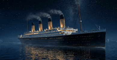 Recreación digital detallada del Titanic navegando de noche en el océano Atlántico antes del naufragio.