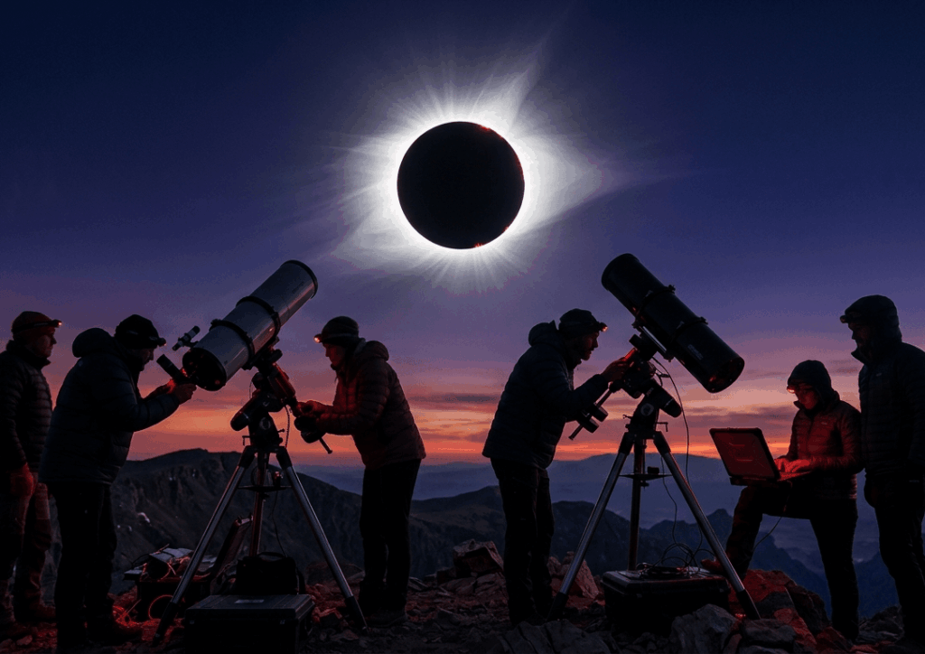 Astrofísicos preparados con telescopios y sensores para estudiar la corona solar durante el eclipse solar total en España.