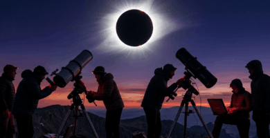 Astrofísicos preparados con telescopios y sensores para estudiar la corona solar durante el eclipse solar total en España.