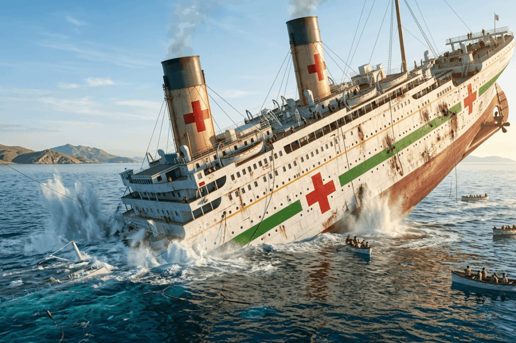 El transatlántico reconvertido en barco hospital HMHS Britannic hundiéndose en el canal de Kea en el mar Egeo.