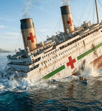 El transatlántico reconvertido en barco hospital HMHS Britannic hundiéndose en el canal de Kea en el mar Egeo.