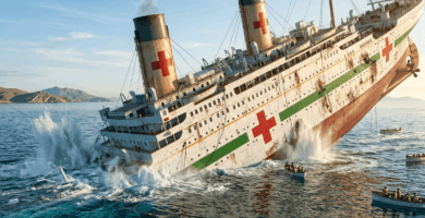 El transatlántico reconvertido en barco hospital HMHS Britannic hundiéndose en el canal de Kea en el mar Egeo.