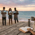 Persona relajada leyendo un libro frente al mar mientras un grupo desenfocado de personas consulta sus teléfonos móviles al fondo.