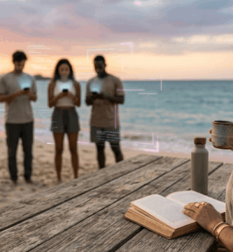 Persona relajada leyendo un libro frente al mar mientras un grupo desenfocado de personas consulta sus teléfonos móviles al fondo.