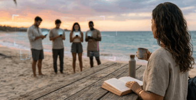 Persona relajada leyendo un libro frente al mar mientras un grupo desenfocado de personas consulta sus teléfonos móviles al fondo.