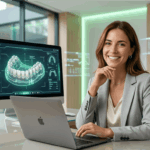 Persona sonriendo con confianza y seguridad frente a su ordenador portátil.