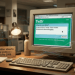 Interfaz web original de Twitter en 2006 en un monitor de ordenador, conmemorando el nacimiento de la plataforma de microblogging.
