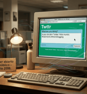 Interfaz web original de Twitter en 2006 en un monitor de ordenador, conmemorando el nacimiento de la plataforma de microblogging.