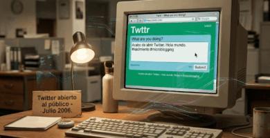 Interfaz web original de Twitter en 2006 en un monitor de ordenador, conmemorando el nacimiento de la plataforma de microblogging.