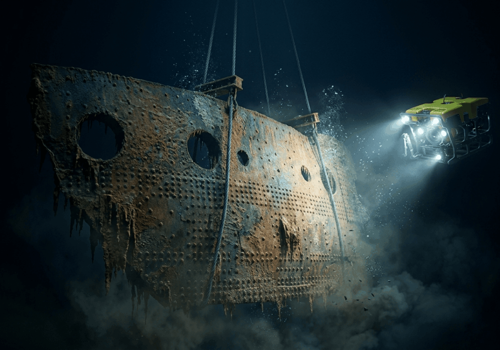 Submarino de exploración profunda iluminando la sección de casco The Big Piece del Titanic en el fondo del océano Atlántico.