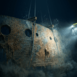 Submarino de exploración profunda iluminando la sección de casco The Big Piece del Titanic en el fondo del océano Atlántico.