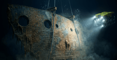 Submarino de exploración profunda iluminando la sección de casco The Big Piece del Titanic en el fondo del océano Atlántico.