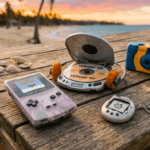 Colección de gadgets tecnológicos nostálgicos de los años 90 y 2000 utilizados durante las vacaciones de verano.