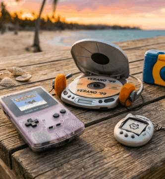 Colección de gadgets tecnológicos nostálgicos de los años 90 y 2000 utilizados durante las vacaciones de verano.