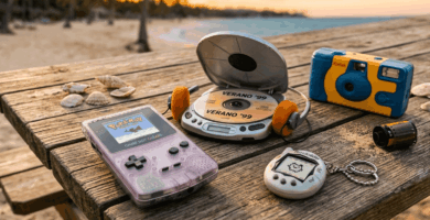 Colección de gadgets tecnológicos nostálgicos de los años 90 y 2000 utilizados durante las vacaciones de verano.
