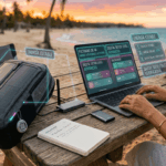 Kit tecnológico para el nómada digital en 2026 con mochila solar de alta eficiencia y gadgets de productividad portátil.