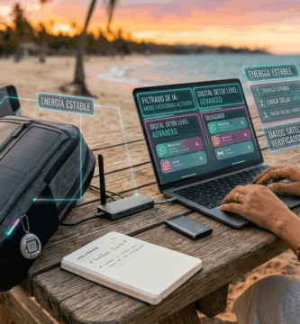 Kit tecnológico para el nómada digital en 2026 con mochila solar de alta eficiencia y gadgets de productividad portátil.