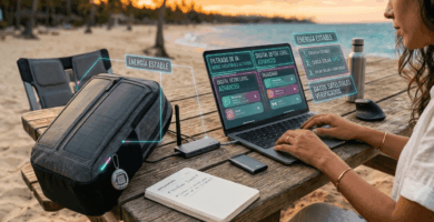 Kit tecnológico para el nómada digital en 2026 con mochila solar de alta eficiencia y gadgets de productividad portátil.