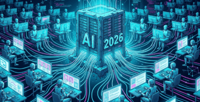 Ilustración conceptual sobre la teoría del internet muerto, mostrando bots y sistemas de inteligencia artificial generando contenido automatizado en la web en 2026.