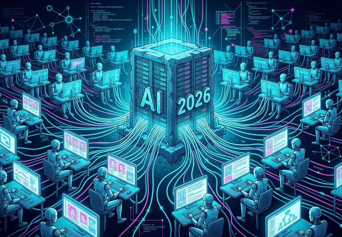 Ilustración conceptual sobre la teoría del internet muerto, mostrando bots y sistemas de inteligencia artificial generando contenido automatizado en la web en 2026.