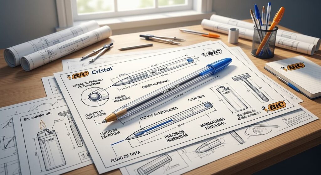 Bolígrafo BIC Cristal transparente sobre bocetos de diseño industrial y planos técnicos.