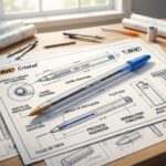 Bolígrafo BIC Cristal transparente sobre bocetos de diseño industrial y planos técnicos.
