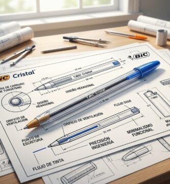 Bolígrafo BIC Cristal transparente sobre bocetos de diseño industrial y planos técnicos.