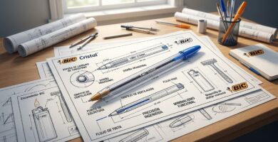 Bolígrafo BIC Cristal transparente sobre bocetos de diseño industrial y planos técnicos.