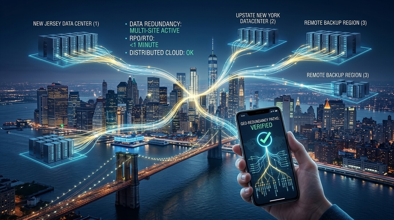 Servidores de centro de datos con tecnología de redundancia y copias de seguridad geográficas.