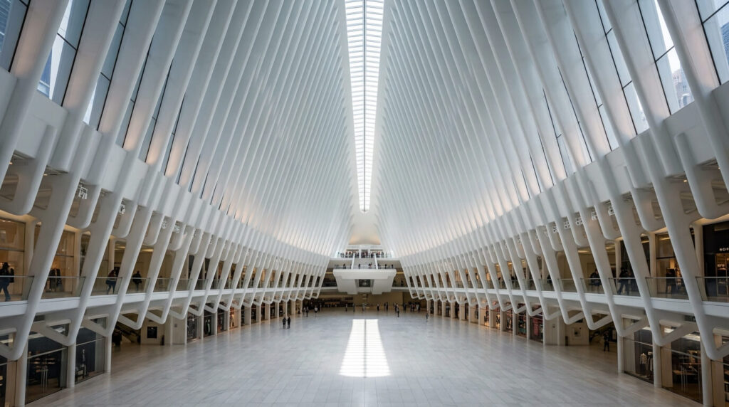 Haz de luz solar atravesando el techo del Oculus del World Trade Center alineado con el eje central.