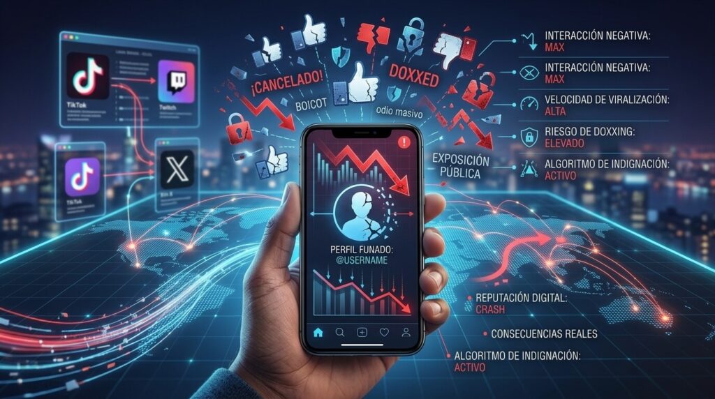 Silueta de usuario en pantalla de teléfono móvil representando el concepto de estar funado en redes sociales.