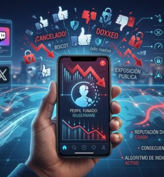 Silueta de usuario en pantalla de teléfono móvil representando el concepto de estar funado en redes sociales.