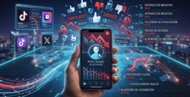 Silueta de usuario en pantalla de teléfono móvil representando el concepto de estar funado en redes sociales.