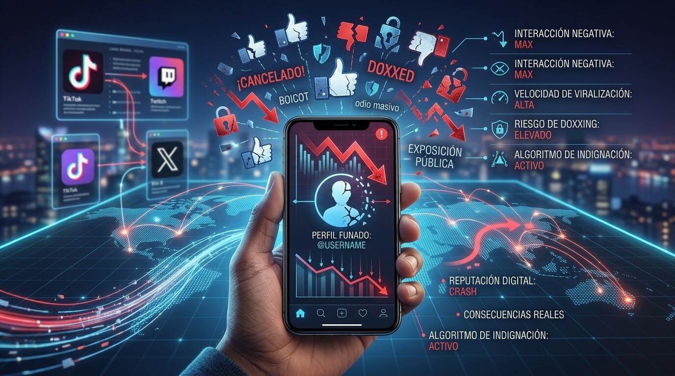 Silueta de usuario en pantalla de teléfono móvil representando el concepto de estar funado en redes sociales.