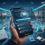 Pantalla de smartphone activando una tarjeta eSIM con mapa de conectividad global.