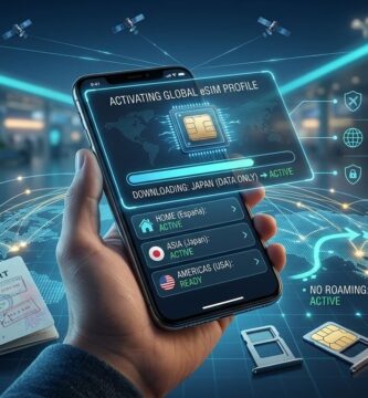 Pantalla de smartphone activando una tarjeta eSIM con mapa de conectividad global.