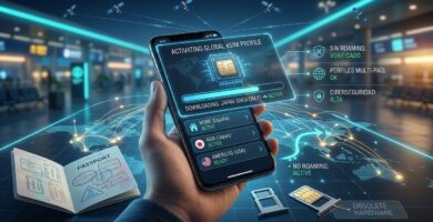 Pantalla de smartphone activando una tarjeta eSIM con mapa de conectividad global.